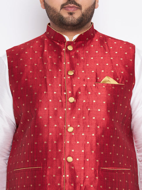 Vastramay Men's Plus Size Maroon Zari Weaved Nehru Jacket With Kurta Pyjama set